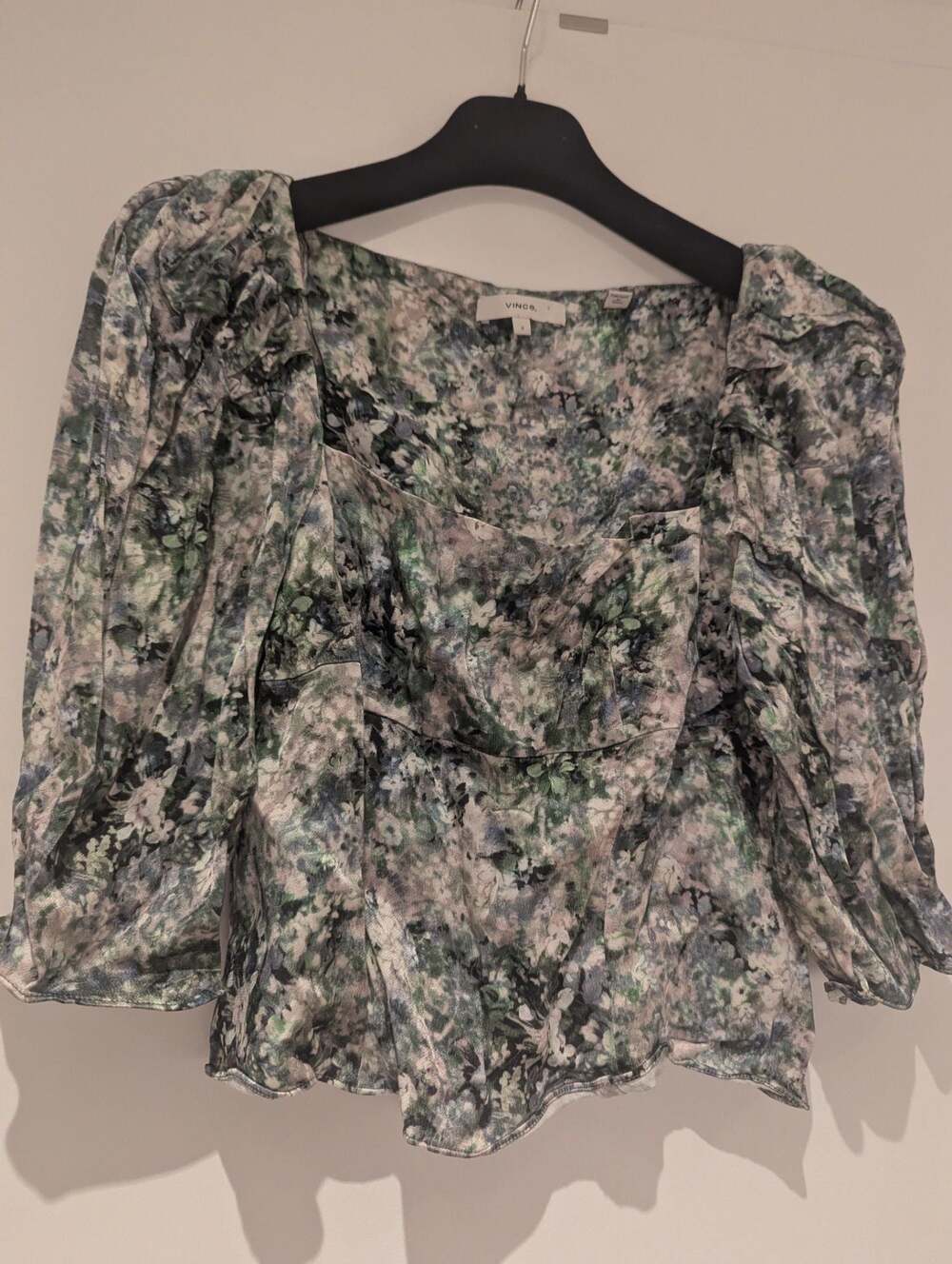 Vince Garden Floral Ruched Sleeve Square Neck Top